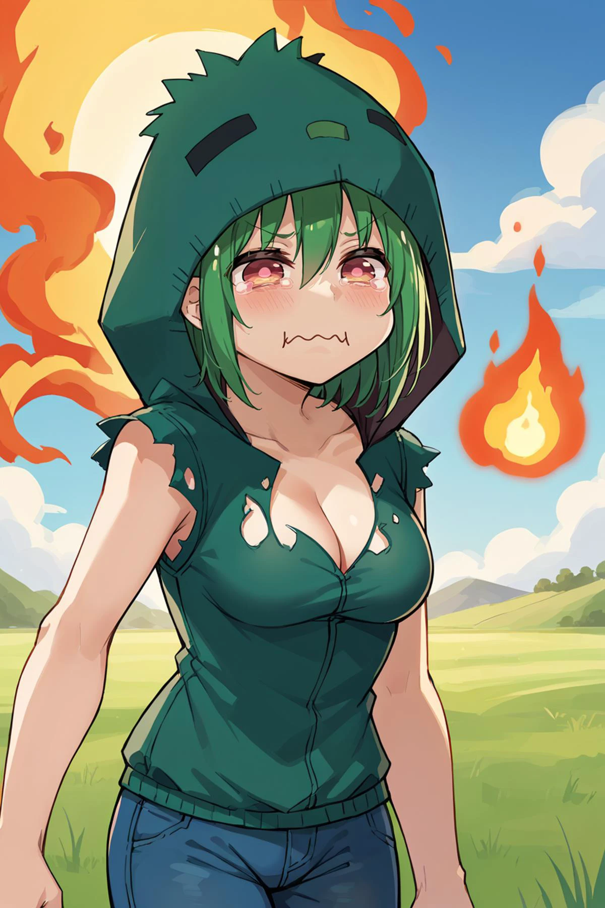 score_9, score_8_up, score_7_up, score_6_up, source_anime, BREAK 1girl <lora:mczombie-pdxl-nvwls-v1-000005:1> zombi3, green hoodie, torn clothes, sleeveless, jeans, blue sky, sun, field, fire, clothes on fire, fire on head, burning clothes, smoke, burning <lora:concept_aquacrying_ponyXL:0.8> aquacrying, wavy mouth, closed mouth, tearing up, medium breasts, cleavage