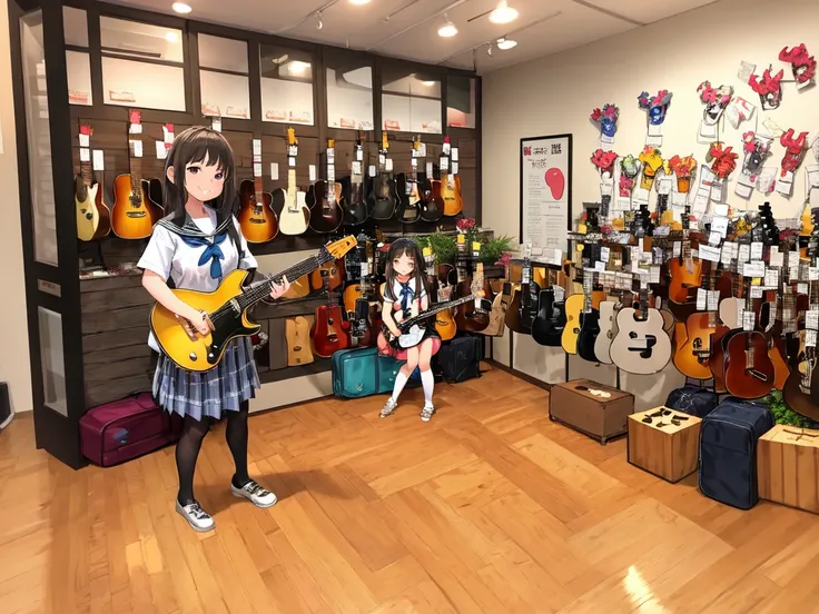 masterpiece, best quality, ultra-detailed, illustration,
(2girls:1.4), school uniform, school bag, smile ,
guitarshop, guitar, instrument, electric guitar, bass guitar, amplifier, gibson les paul, drum, acoustic guitar, speaker, wooden floor, indoors,
<lora:guitarshop:0.8>