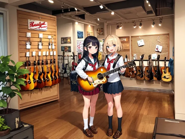 masterpiece, best quality, ultra-detailed, illustration,
(2girls:1.4), school uniform, school bag, smile ,
guitarshop, guitar, instrument, electric guitar, bass guitar, amplifier, gibson les paul, drum, acoustic guitar, speaker, wooden floor, indoors,
<lora:guitarshop:0.8>