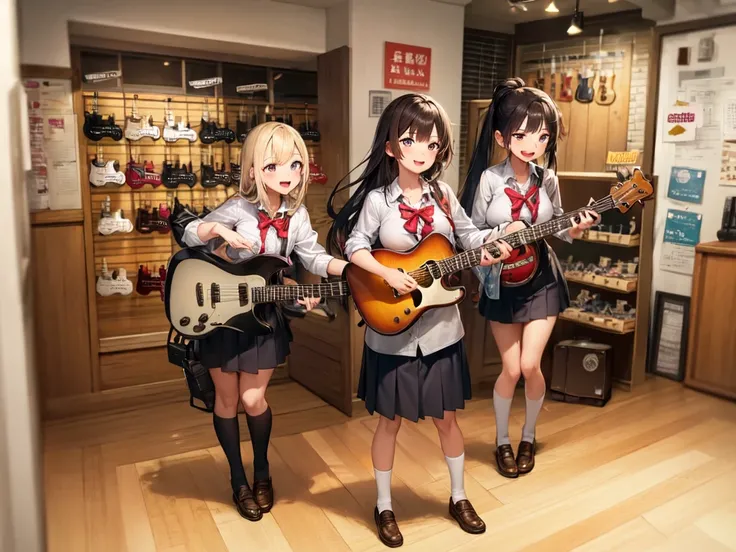 masterpiece, best quality, ultra-detailed, illustration,
(2girls:1.4), school uniform, school bag, smile ,
guitarshop, guitar, instrument, electric guitar, bass guitar, amplifier, speaker, wooden floor, indoors,
<lora:guitarshop:0.8>