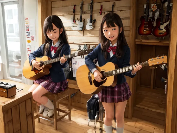 masterpiece, best quality, ultra-detailed, illustration,
(2girls:1.4), school uniform, school bag, smile ,
guitarshop, guitar, instrument, electric guitar, bass guitar, amplifier, speaker, wooden floor, indoors,
<lora:guitarshop:0.8>