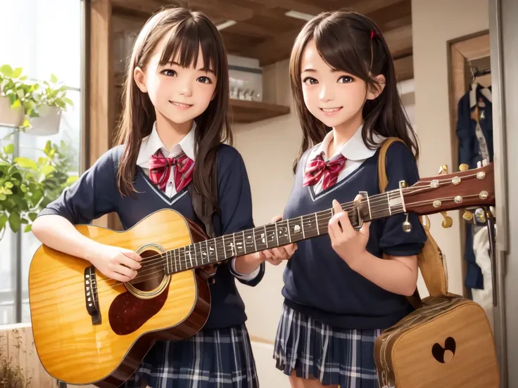 masterpiece, best quality, ultra-detailed, illustration,
(2girls:1.4), school uniform, school bag, smile ,
guitarshop, guitar, instrument, electric guitar, bass guitar, amplifier, speaker, wooden floor, indoors,
<lora:guitarshop:0.8>