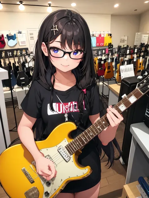 masterpiece, best quality, ultra-detailed, illustration,
1girl, teenage, glasses, black long hair, smile, hold electric guitar, play guitar, desk, computer, monitor, desk, messy room, guitarshop,
<lora:guitarshop-000002:1>