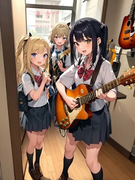 masterpiece, best quality, ultra-detailed, illustration,
(2girls:1.4), school uniform, school bag, smile ,
guitarshop, guitar, instrument, electric guitar, bass guitar, amplifier, speaker, wooden floor, indoors,
<lora:guitarshop-000002:1>