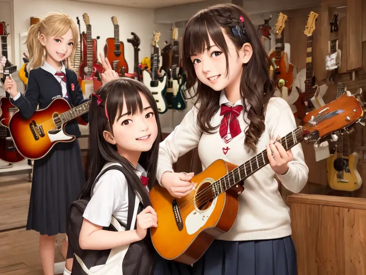 masterpiece, best quality, ultra-detailed, illustration,
(2girls:1.4), school uniform, school bag, smile ,
guitarshop, guitar, instrument, electric guitar, bass guitar, amplifier, speaker, wooden floor, indoors,
<lora:guitarshop:0.8>