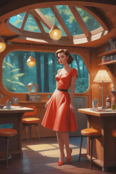 a painting of a woman in a red dress standing in a kitchen