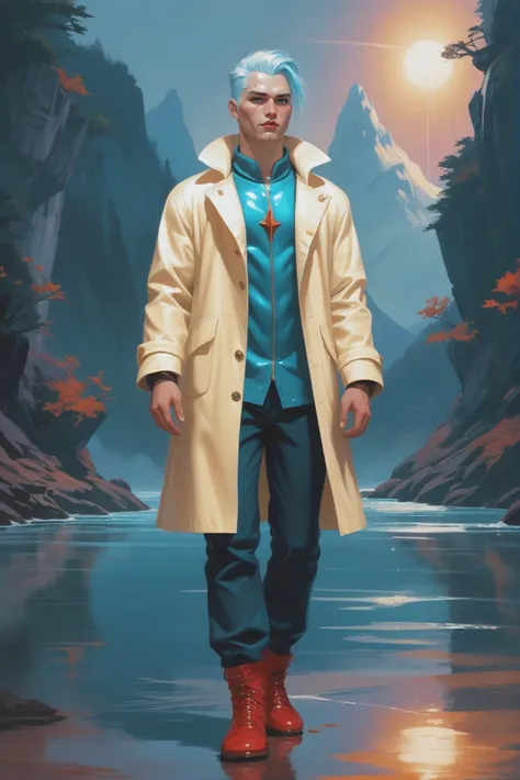 a man in a trench coat and red boots walking across a river