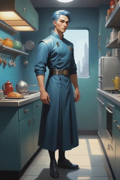 1950s style retro scifi digital painting, (full body:1.2), 1boy, man, handsome, solo, [:fantastical costume design,:0.2] antipaladin, olivedrab long dress, korean, muted mediumslateblue hair, (athletic:1.2) build, Consecrated Kitchen \(room\) in a indescribable,Wondrous scifi city beyond the end of reality<lora:EnvyStarlightRetro01:1>