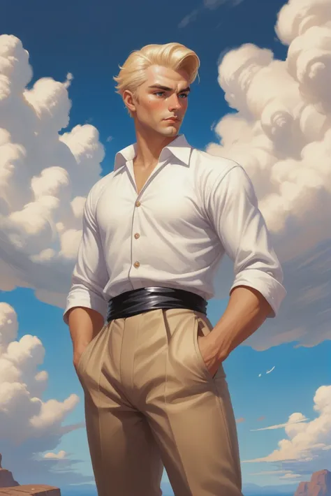 1950s style retro scifi digital painting, (full body:1.2), 1boy, man, bishounen, solo, [:formal costume design,:0.2] antipaladin, tan apron, (loose shirt:1.3), caucasian, light ivory hair, (solid:1) build, morning, blue sky, clouds, scenery, sturdy dreamscape<lora:EnvyStarlightRetro01:1>