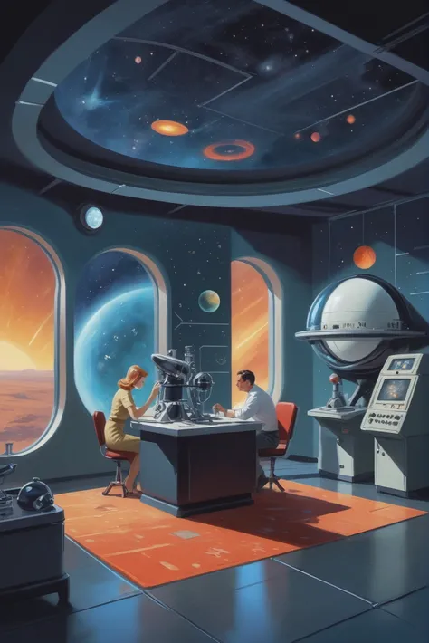 1950s style retro scifi digital painting, Astronomical Observation Lab \(room\) <lora:EnvyStarlightRetro01:1>