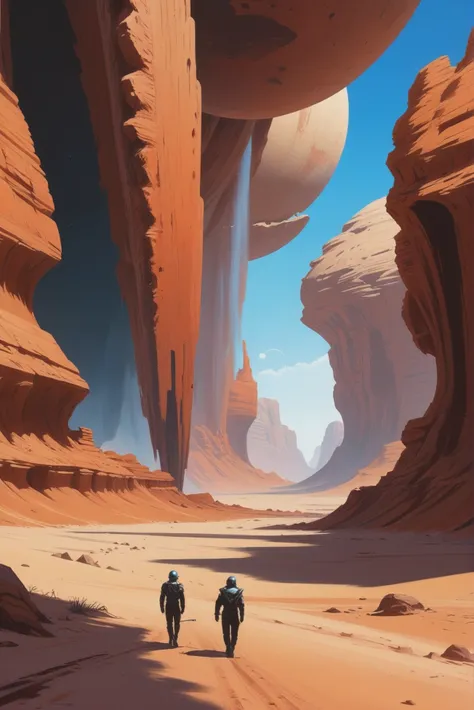 two people walking through a desert area with a giant rock formation