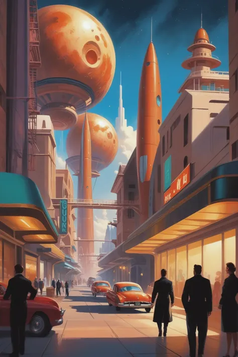 1950s style retro scifi digital painting, lively scifi town beyond the beginning of time<lora:EnvyStarlightRetro01:1>