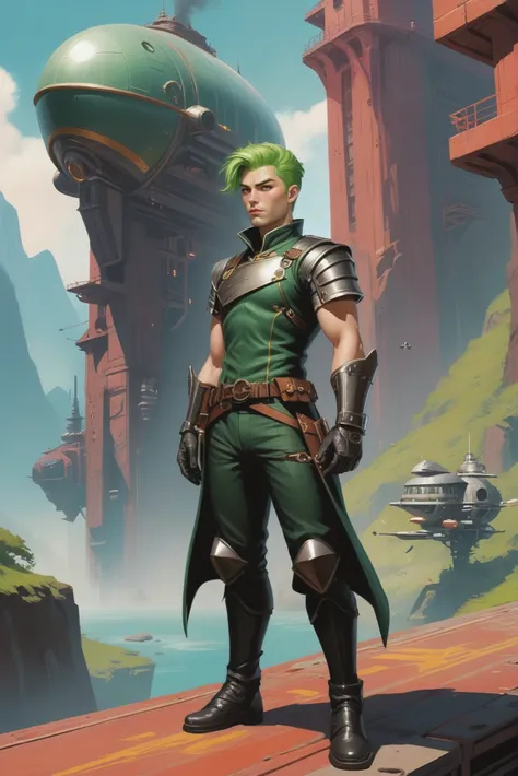 a man with green hair standing on a bridge in front of a futuristic city