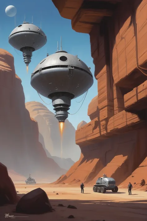 a close up of a vehicle in a desert with two spaceships