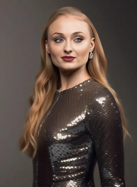 SophieTurner,<lora:SophieTurnerSDXL:1>The image features a beautiful woman wearing a dark grey sequin dress, which is adorned with bronze sequins. She is posing for the camera, with her hand on her chin, lipstick, and her long hair is styled in a ponytail. The woman appears to be confident and poised, showcasing her elegant attire and striking appearance.
