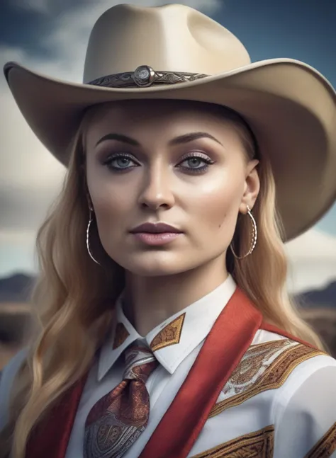SophieTurner, portrait, concept art,close up of a Divine Zulu Woman, Cowgirl, Intense Imperial Mustache, Tie, Handkerchief, [street|water], Cel shaded, key light, Cold Colors, award winning,  <lora:SophieTurnerSDXL:1>