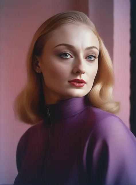 SophieTurner,<lora:SophieTurnerSDXL:1>art by Burt Glinn,art by Roy DeCarava, [portrait,close up of a Decorative Baroque Tudor Girl of Justification, wearing Lycra Mauve Emo clothing, shallow depth of field, Post-Apocalyptic, side light, four colors::5]