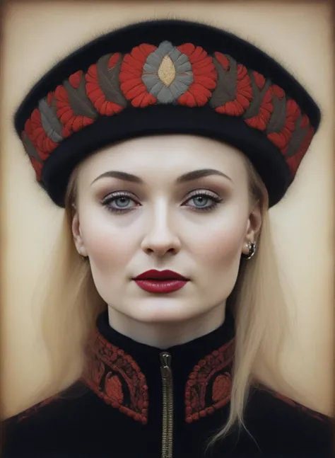 SophieTurner, (art by Andy Kehoe:1.1) , portrait,close up of a Senseless Cossack Woman, Corporal, Glowing Cigarette, Swiss Pencil Mustache, Clear skies, Folk Art, Depth of field 270mm, <lora:SophieTurnerSDXL:1>