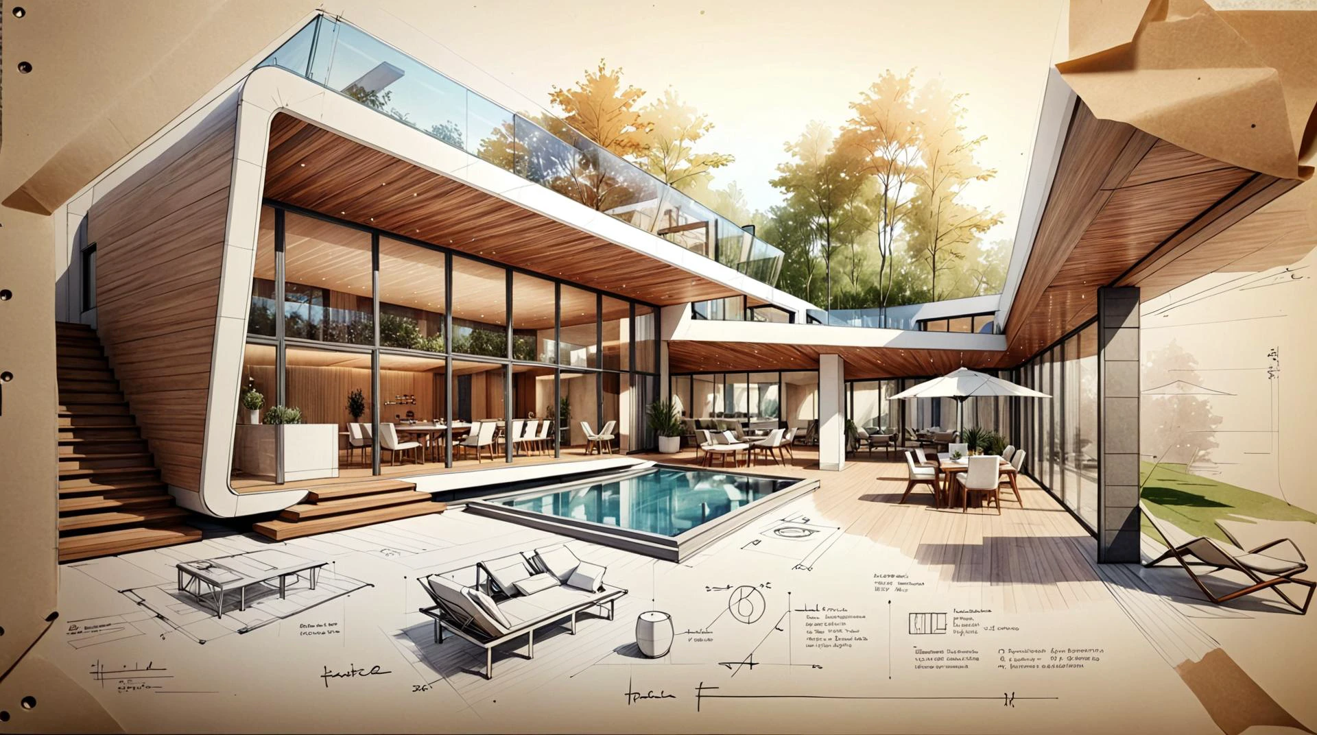 architecture sketch of the patio of a modern house design, architect sketch, balcony, glasses <lora:architect_XL:0.61>, no swimming pool, futscribe futuristic house technical sketch<lora:futscribe:0.51>, <lora:add-detail-xl:1>, <lora:sketch_sheet:0.41>, <lora:Da_Vinci:.11>, <lora:SDXL_Dices_Mega_Detail_v1:0.51>, <lora:papercut:0.11>, <lora:FILM_PHOTOGRAPHY_STYLE:0.11>, <lora:LWXJ-V0.2:0.11>, <lora:GrayClay_V1.5:0.11>, <lora:cliffbuilding_XL:.31>, <lora:sdxl_8glora:0.11>