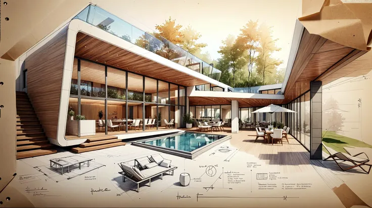 architecture sketch of the patio of a modern house design, architect sketch, balcony, glasses <lora:architect_XL:0.61>, no swimming pool, futscribe futuristic house technical sketch<lora:futscribe:0.51>, <lora:add-detail-xl:1>, <lora:sketch_sheet:0.41>, <lora:Da_Vinci:.11>,  <lora:SDXL_Dices_Mega_Detail_v1:0.51>, <lora:papercut:0.11>, <lora:FILM_PHOTOGRAPHY_STYLE:0.11>, <lora:LWXJ-V0.2:0.11>, <lora:GrayClay_V1.5:0.11>, <lora:cliffbuilding_XL:.31>, <lora:sdxl_8glora:0.11>