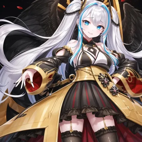 1girl, <lora:indoors_or_outdoors_last:1> jinja, <lyco:saturation:-0>BREAK
expressions, BREAK
 <lora:Urayodo_v3:0.7>Urayodo,twintails, white hair,hair ornament, black nail, black dress, black thighhighs, wide sleeves, 
BREAK, <lora:flatBG:-0.6> ,<lora:flat2:-0.6>,(dark light:1.2),(hyper extreme detailed),(masterpeace:0.5),(hyper extreme),(photorealistic),game cg,llustration,novel illustration,beautiful lighting,light from the front,, <lora:GoodHands-beta2:1.2>(good hand,nice hands, perfect hands:1), standing,hand on hip,