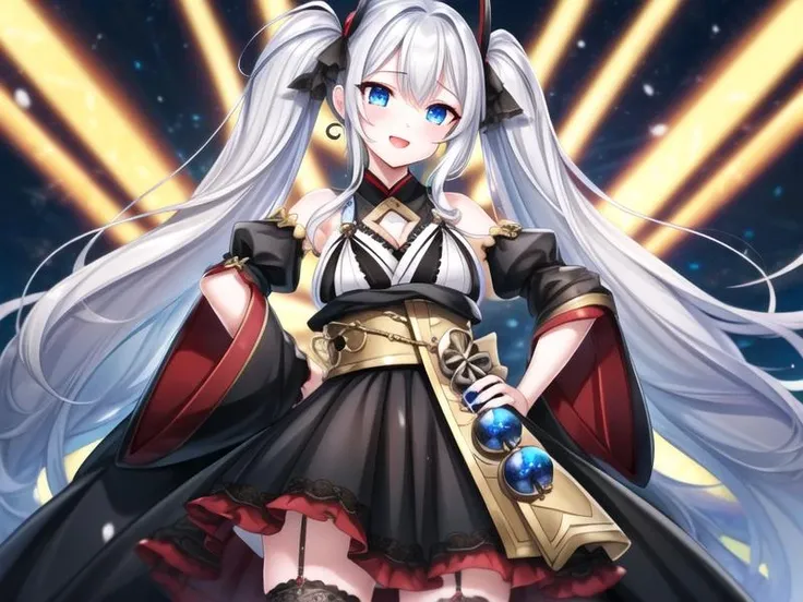 1girl, <lora:Urayodo_v2:0.7>Urayodo,twintails, blue eyes,white hair,hair ornament, black nail, black dress,wide sleeves, black thighhighs,, <lora:flatBG:-0.6> ,<lora:flat2:-0.6>,(dark light:1.2),(hyper extreme detailed),(masterpeace:0.5),(hyper extreme),(photorealistic),game cg,llustration,novel illustration,beautiful lighting,light from the front,good_hands,BREAK, standing,hand on hip, BREAK