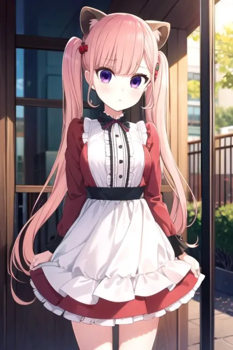 masterpiece, best quality, , 1girl, solo, looking at viewer, , , anime coloring, , <lora:ririna_sanada:0.70>, ririna_sanada, pink hair, purple eyes, long hair ,twintails, lion costume, The City of Mirrors,