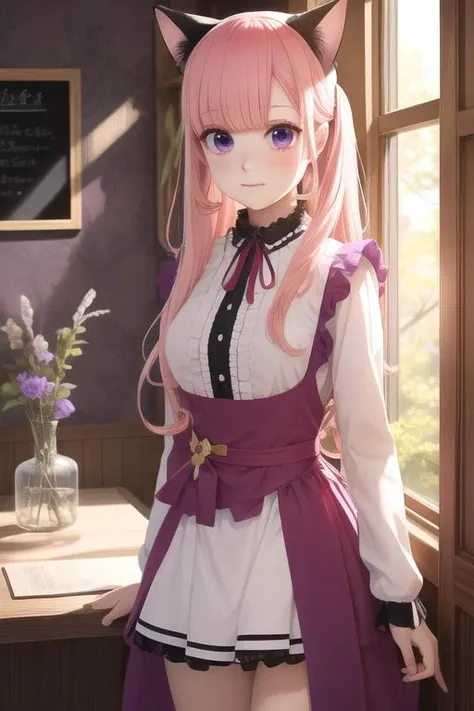 masterpiece, best quality, wallpaper, 1girl, solo, looking at viewer, , depth of field, anime coloring, , <lora:ririna_sanada:0.66>, ririna_sanada, pink hair, purple eyes, long hair ,, cat costume, science fantasy, High definition