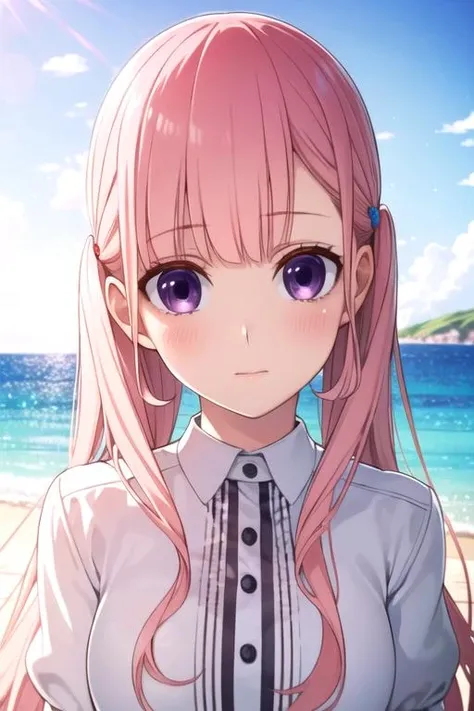 masterpiece, best quality, illustration, 1girl, solo, looking at viewer, upper body, , , realistic, <lora:ririna_sanada:0.74>, ririna_sanada, pink hair, purple eyes, long hair ,, , The Island of Dreams: A place where all your deepest desires come true,