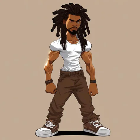 Muscular, full body view, wife beater shirt, black jeans, DreadLocks hair, very well detailed, 2d drawing, 1boy,Dark Brown skin,Brown eyes, sneaker