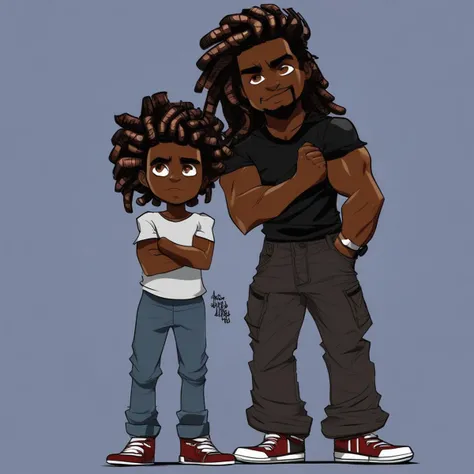 Muscular,Fit, Dad, full body view, black shirt, black jeans, DreadLocks hair, very well detailed, 2d drawing, 1boy,Dark Brown skin,Brown eyes, sneaker