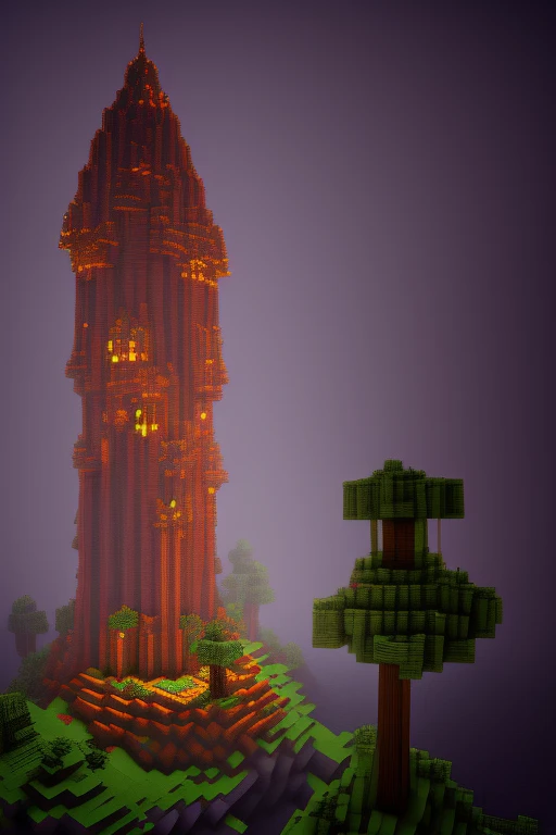 fantasy wizard tower in MCwrld, dramatic lighting, detailed art, voxel, voxel model, pixels, night time, tone mapped, glowing lights, fog