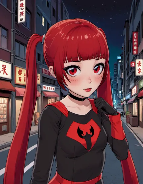 (<lora:Ami_Arakawa:.8>, 1girl, red eye, red hair, twintails) as a comicbook superhero, city streets, night, mask