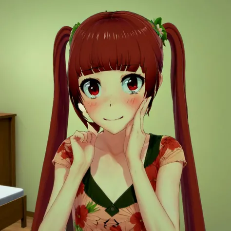 1girl, solo, bangs, open mouth, smile, solo, standing, yandere, eyes wide, crazy eyes, flat chest, hair flower, sundress, red hair, flat chest, facing viewer ,twintails, long hair, short sleeves, standing, hands on own face, hands on own cheeks, room, blush, crazy smile, <lora:Ami_Arakawa:1>