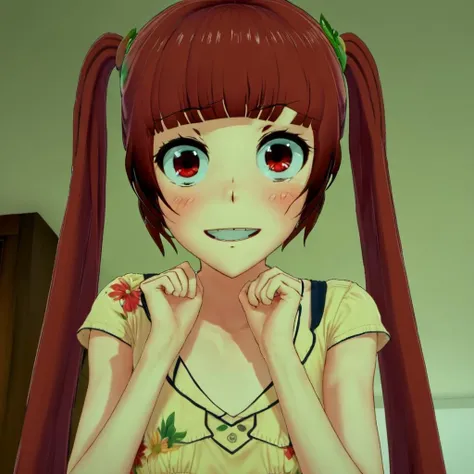 1girl, solo, bangs, open mouth, smile, solo, standing, yandere, (eyes wide:2.0), (crazy eyes:2.0), small pupils, flat chest, hair flower, sundress, red hair, flat chest, facing viewer ,twintails, long hair, short sleeves, standing, hands on own face, hands on own cheeks, room, blush, crazy smile, wide grin, <lora:Ami_Arakawa:1>