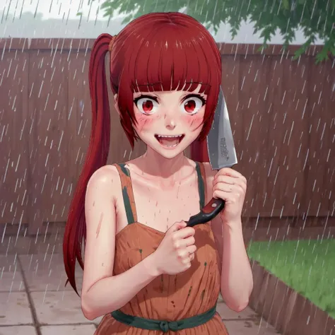 flat chest, facing viewer, sundress, red hair, 1girl, raining, outside, holding a large butcher's knife, bangs, open mouth, smile, solo, standing, yandere, eyes wide, crazy eyes, <lora:Ami_Arakawa:1>