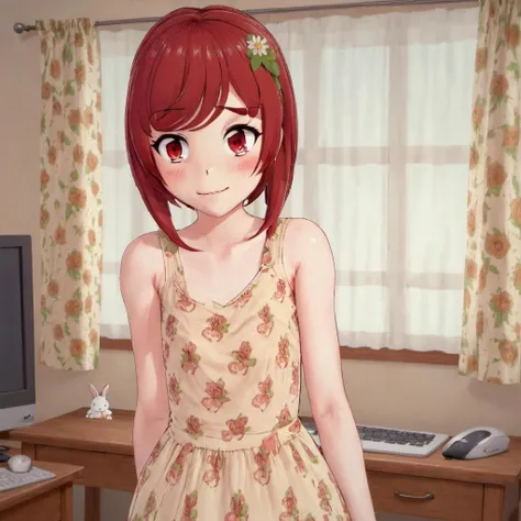 flat chest, hair flower, facing viewer, sundress, red hair, 1girl, bunny print, curtains, computer, bedroom, desk, bangs, closed mouth, smile, solo, standing, <lora:Ami_Arakawa:1>