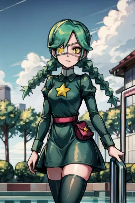 sgannie, yellow eyes, green hair, short hair, parted bangs, twin braids, eyepatch, green dress, star \(symbol\), belt pouch, green thighhighs, zettai ryouiki, embarrassed, walking, swimming pool , day <lora:annie-skullgirls-v2:1>