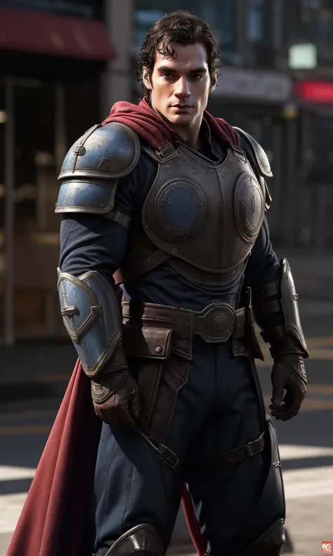1 man, Henry Cavill cogarmor2023, city, blue armor, 8k uhd, best quality, masterpiece, red accents, detailed armor,
