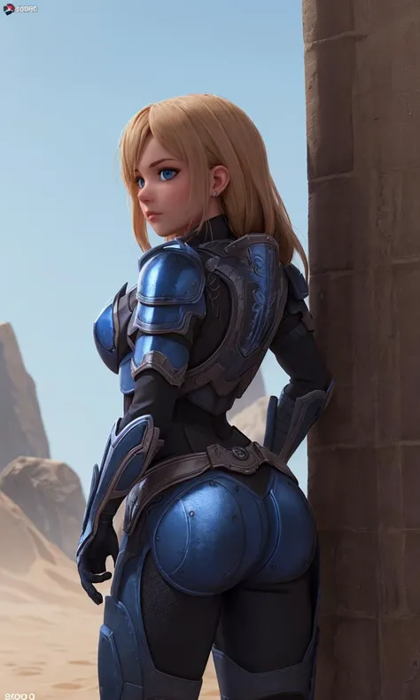 ultra-realistic, Warhammer 40k, Adepta Sororitas character, sexy poses, from behind, back, shoulders, guns and chainsaw, high resolution masterpieces, full body, total body, thin thighs, small breasts, slender buttocks, space marine armor, blue armor, black velvet thong, breasts out, boobies, thic, 3d render character art, 8k, realistic character concept, unreal 3d engine, detailed,
