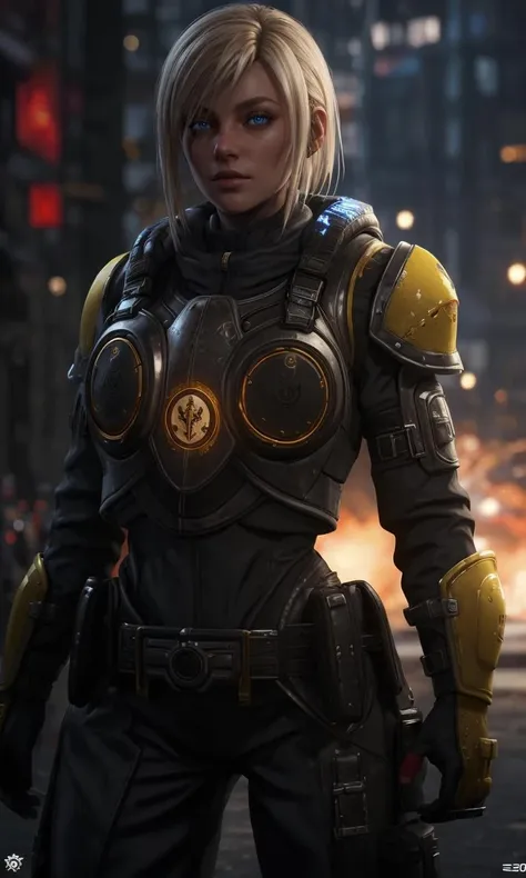 1girl, cogarmor2023, city, yellow armor, 8k uhd, best quality, masterpiece, glowing accents