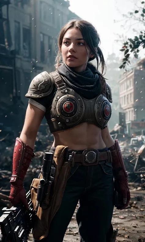 1girl, bandana, female focus, hyper realistic, raw image, 8k, uhd, best quality, award winning photo, rtx on, unreal engine 5, wide angle shot, head to toe, cogarmor2023, gears of war, 5 fingers, epic armor, glowing accents, barld, red armor, chainsaw bayonet, battlefield, running, pointing gun, action,