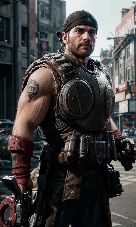 bandana, male focus, muscular, tattoo, beard, dread locks, black, African, 40-year-old man, hyper realistic, raw image, 8k, uhd, best quality, award winning photo, rtx on, unreal engine 5, wide angle shot, head to toe, cogarmor2023, gears of war, 5 fingers, epic armor, glowing accents, barld, blue armor, chainsaw bayonet, battlefield, running, pointing gun, action, Bautista, angry,