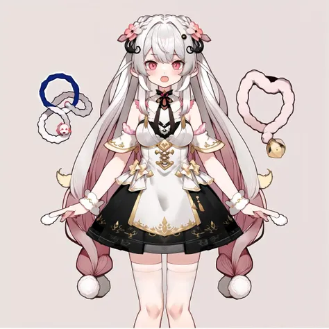 white background, live2d, Leg rings, pink leg rings, white stockings, vtuber, standard standing posture, 1girl, solo, thighhighs, virtual youtuber, breasts, full body, detached sleeves, long hair, open mouth, dress, hair ornament, simple background,Leg rings, pink leg rings, white stockings, <lora:yijiang3.0:1> <lora:GoodHands-vanilla:1>