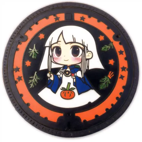 <lora:japanese_manhole_t2:1.0>, (japanese_manhole:1.0), colored metal, colorless metal, a manhole cover, 1girl, blush, brown eyes, carrot, collar, dress, eye \(okame nin\), fewer digits, food, full body, highres, holding, holding food, holding vegetable, long hair, long sleeves, looking at viewer, no mouth, okame nin, rags, red eyes, simple background, solo, spiked collar, spikes, star \(symbol\), star in eye, symbol in eye, vegetable, very long hair, white background, white dress, white hair, white skin