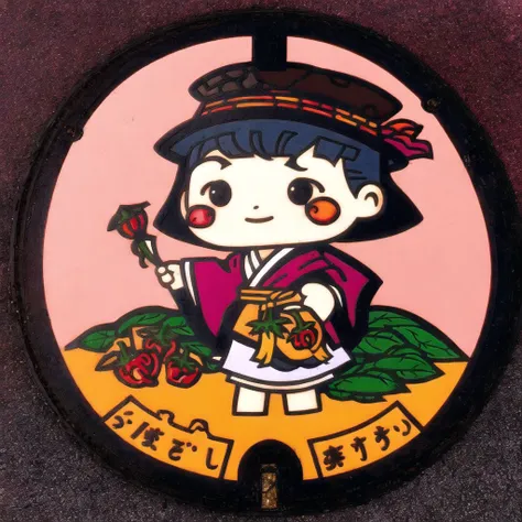<lora:japanese_manhole_t2:1.0>, (japanese_manhole:1.0), colored metal, colorless metal, a manhole cover, 1girl, barefoot, bell pepper, black eyes, blue hair, blush stickers, bowl, bowl hat, cherry tomato, chibi, chili pepper, english commentary, eyebrows visible through hair, food, hat, highres, japanese clothes, kimono, looking to the side, minigirl, no lineart, noredji, obi, onion, pepper, pink background, red kimono, sash, short hair, simple background, solo, standing, symbol commentary, vegetable, wide shot