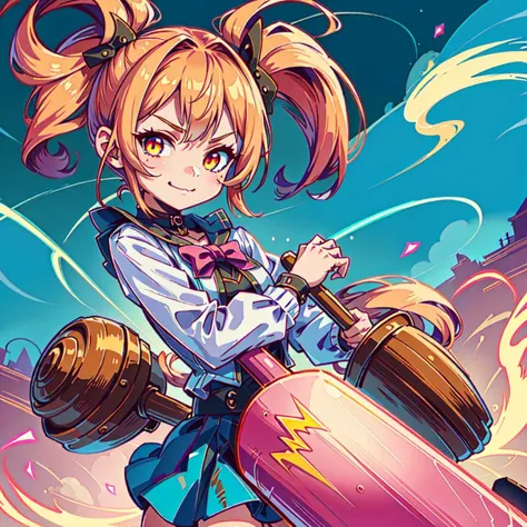 1girl, magical girl, breasts, twintails, smirk, (best quality, masterpiece:1.5), detailed, outdoor, street, neon lights, BREAK (madeoflightningai:1.3) <lora:madeoflightningai:0.7>, (gigantic heavy metal mallet:1.1)