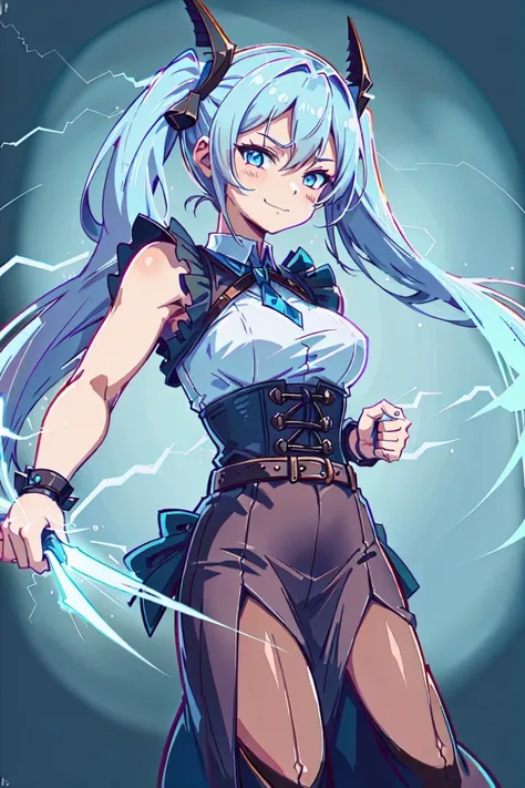 1girl, breasts, twintails, smirk, (best quality, masterpiece:1.5), detailed, simple background, white background, BREAK (madeoflightningai:1.3) <lora:madeoflightningai:1>