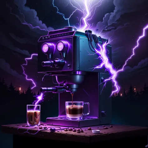 masterpiece, absurdres, extremely detailed, <lora:madeoflightningai:0.65>, madeoflightningai, coffee machine, (lightning), magical, (purple lightning), bar counter, night, moonlight, volumetric lighting,