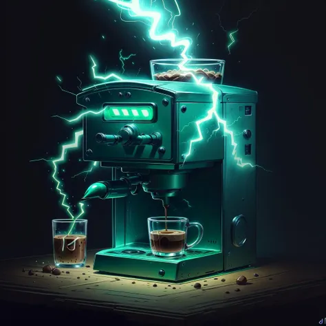 masterpiece, absurdres, extremely detailed,  <lora:madeoflightningai:0.65>, madeoflightningai, coffee machine, (lightning), magical, (green lightning), bar counter, night, moonlight, volumetric lighting,